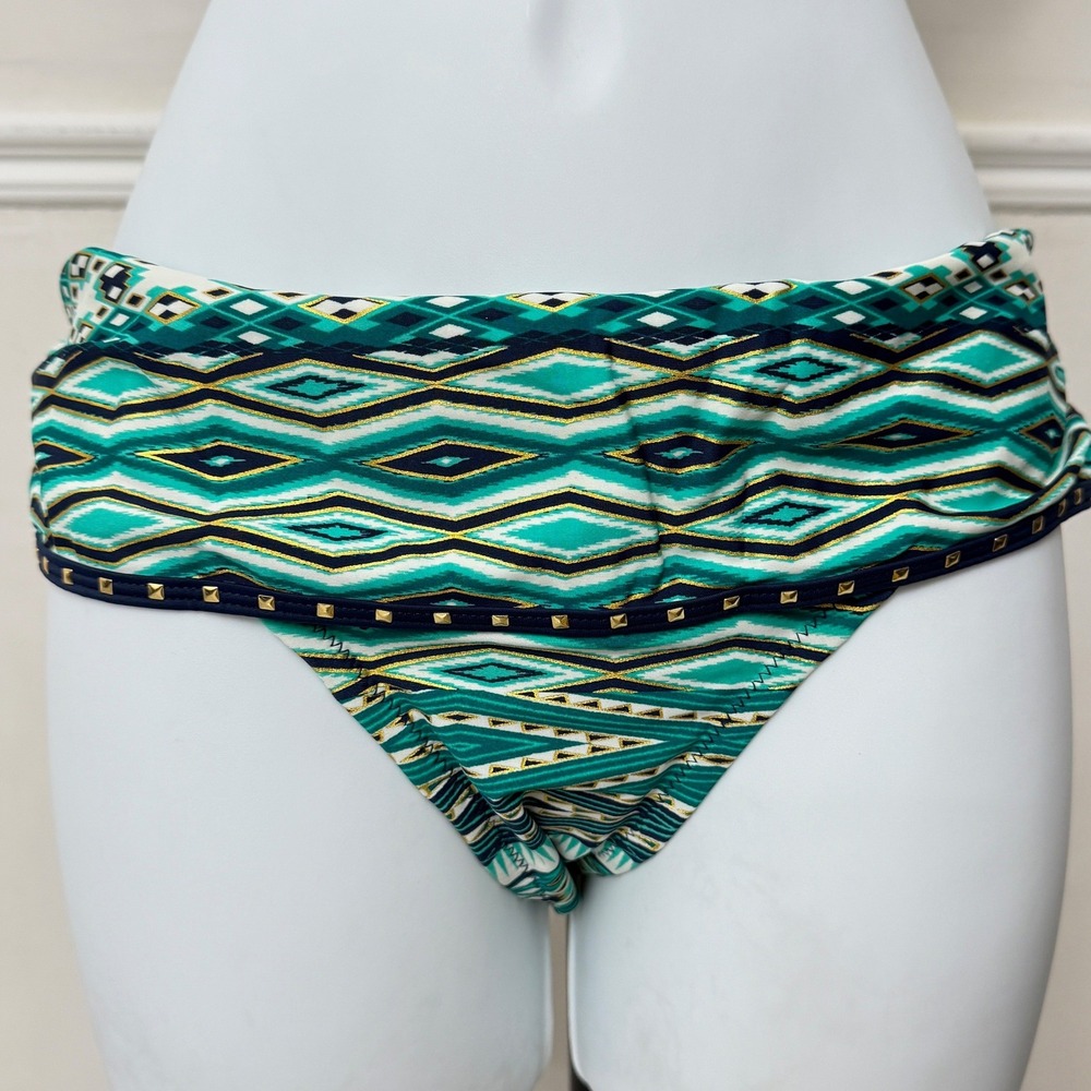 Jessica Simpson Geometric Studded Bikini Bottoms Navy Multi Teal Gold Medium NEW